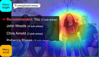 ImageAssist's hints tool on a group photo of five smiling people sitting side-by-side with their arms over each other's shoulders and looking at the camera. The people's names are listed out in the menu. The user (in this case, labeled in the menu as You) is recommended in the menu and is highlighted on a heatmap superimposed on the photo.