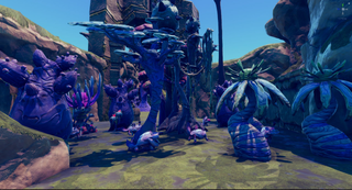 A view of a colorful world showing a grassy area with enemies, trees, and cliffs.