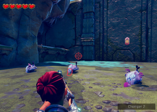 A human figure with red hair aims a laser gun toward an enemy Chomper — a small bluish-red monster with two ears, four small legs, and a large mouth. There are three such enemies. The person is in a grassy area, and there are crosshairs right above the monster being targeted.