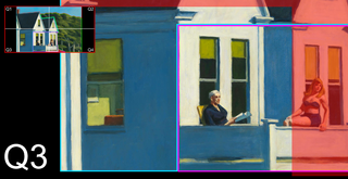 ImageAssist's quadrant zoom system on a painting of a house alongside some trees under a blue sky.