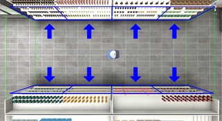 A top-down view of a virtual grocery store aisle with a character in the center.