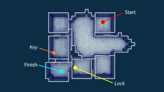 An overhead view of an indoor area with multiple rooms and passageways.