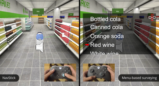 Two views of a character in a virtual grocery store aisle: One where a player is using NavStick to survey and another where they are using NavMenu to survey.