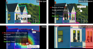 Four panel image showing the baseline touchscreen-based image exploration system plus ImageAssist's three component tools on a painting of a house alongside some trees under a blue sky.