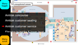 ImageAssist's menu and beacon tool on a map of the upper level of Penn Station, a train station in New York City and the busiest transportation facility in the Western Hemisphere. The various areas shown on the map are listed in the menu.