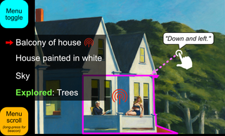 ImageAssist's menu & beacon tool on a painting of a house alongside some trees under a blue sky.