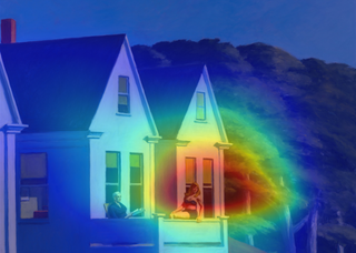 A heatmap is overlaid on top of a painting of a house alongside some trees under a blue sky. The brightest portion of the heatmap is situated on top of the balcony of the house where two people are sitting.