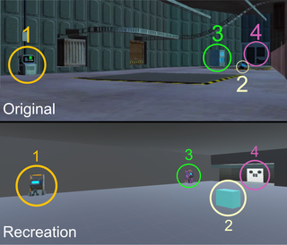 Two angled views of a room with four distinct objects highlighted in each.