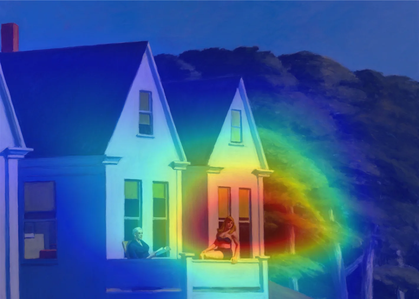 A heatmap is overlaid on top of a painting of a house alongside some trees under a blue sky. The brightest portion of the heatmap is situated on top of the balcony of the house where two people are sitting.