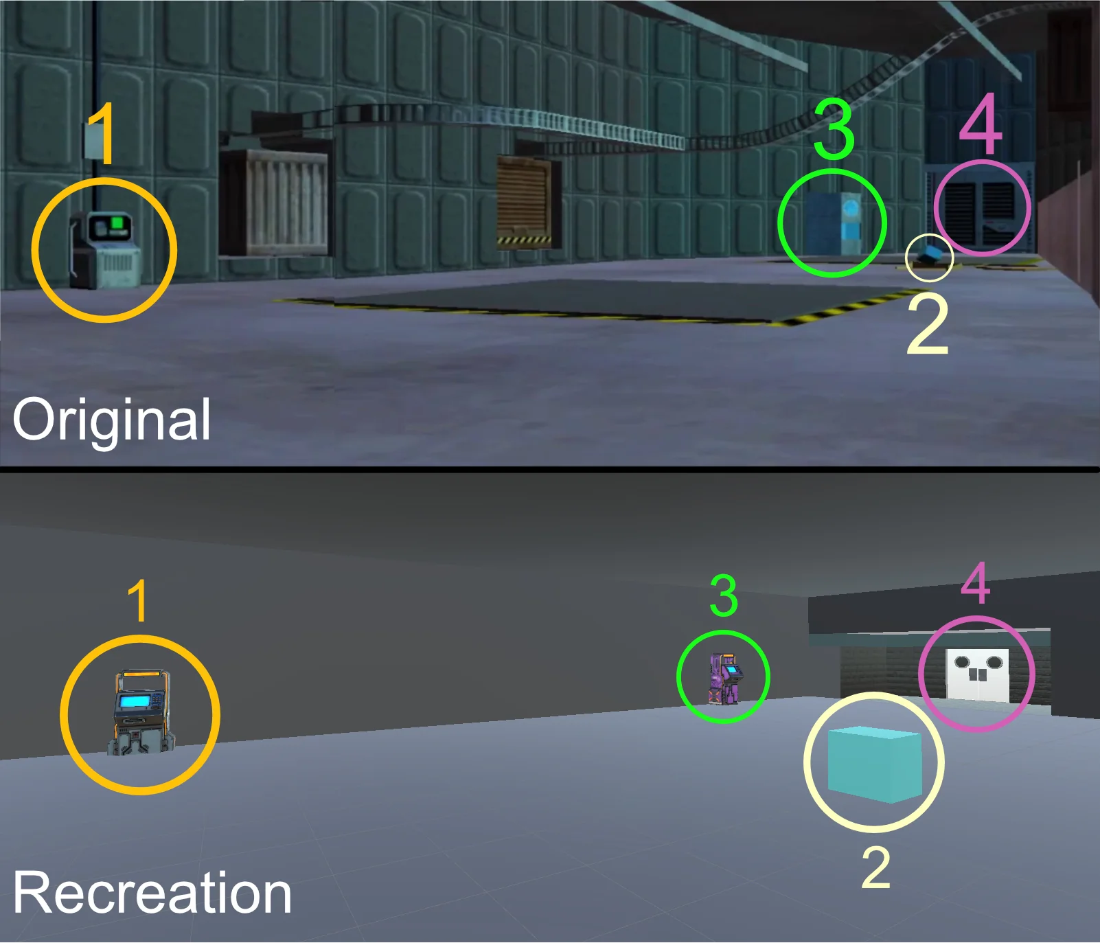 Two angled views of a room with four distinct objects highlighted in each.