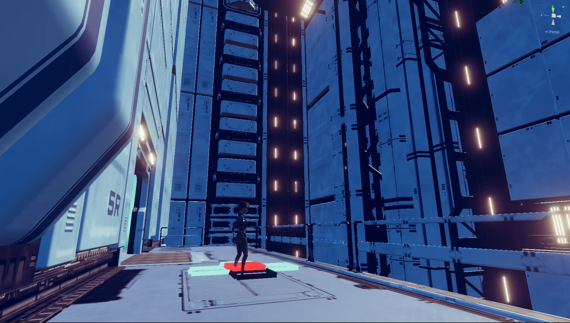 An in-game view of a female character standing inside a large, open sci-fi/industrial area.