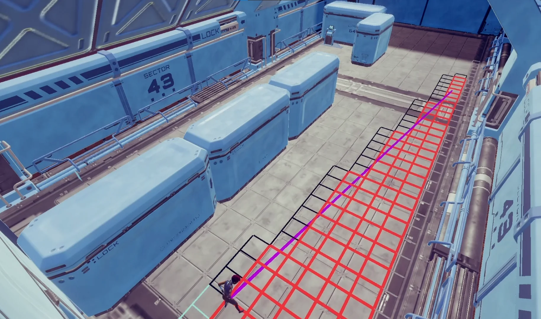 An in-game view of a medium-sized room with grid cells overlaid on some of the floor areas within the player's line-of-sight. A purple line extends from the player.