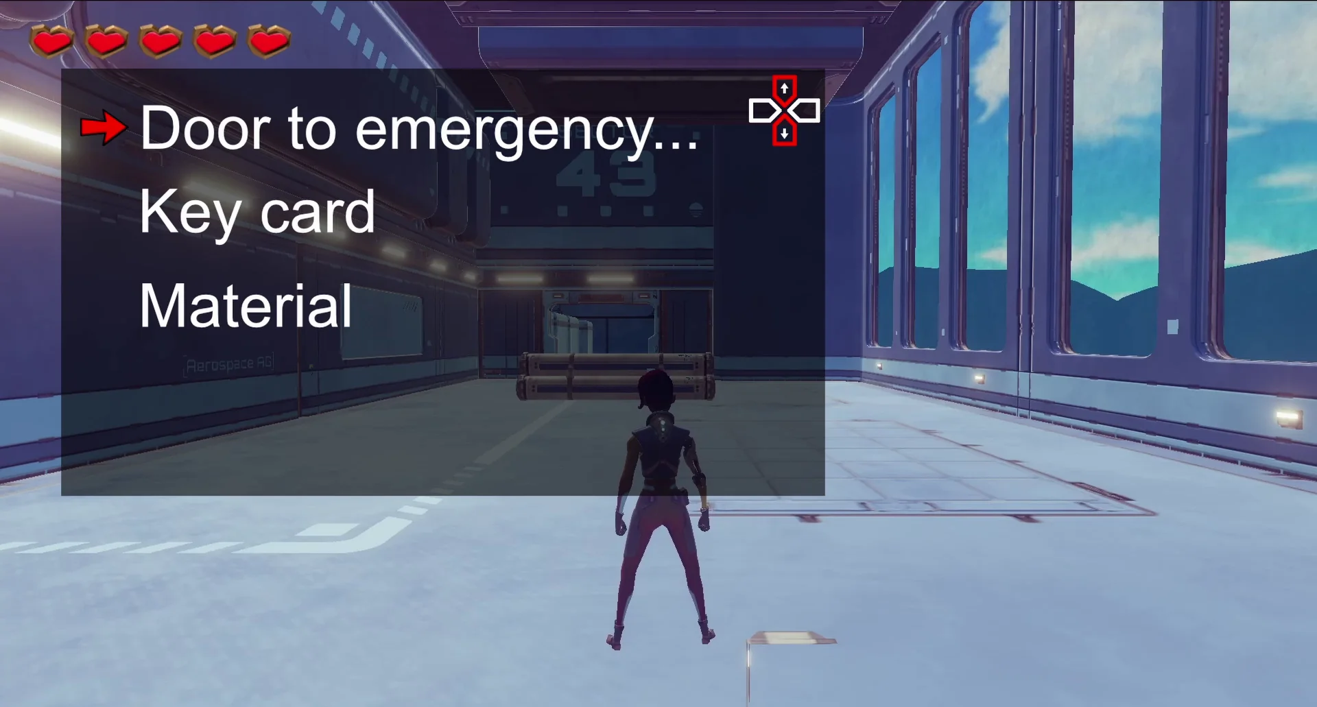 An in-game view of a female character standing inside a medium-sized room. A wall in the distance has the words "Sector 43" written on it, and there are metal tubes in the middle of the room and an open doorway in the distance. A menu is overlaid on the scene listing out the contents of the room: "Door to emergency exit," "Key card," and "Material."