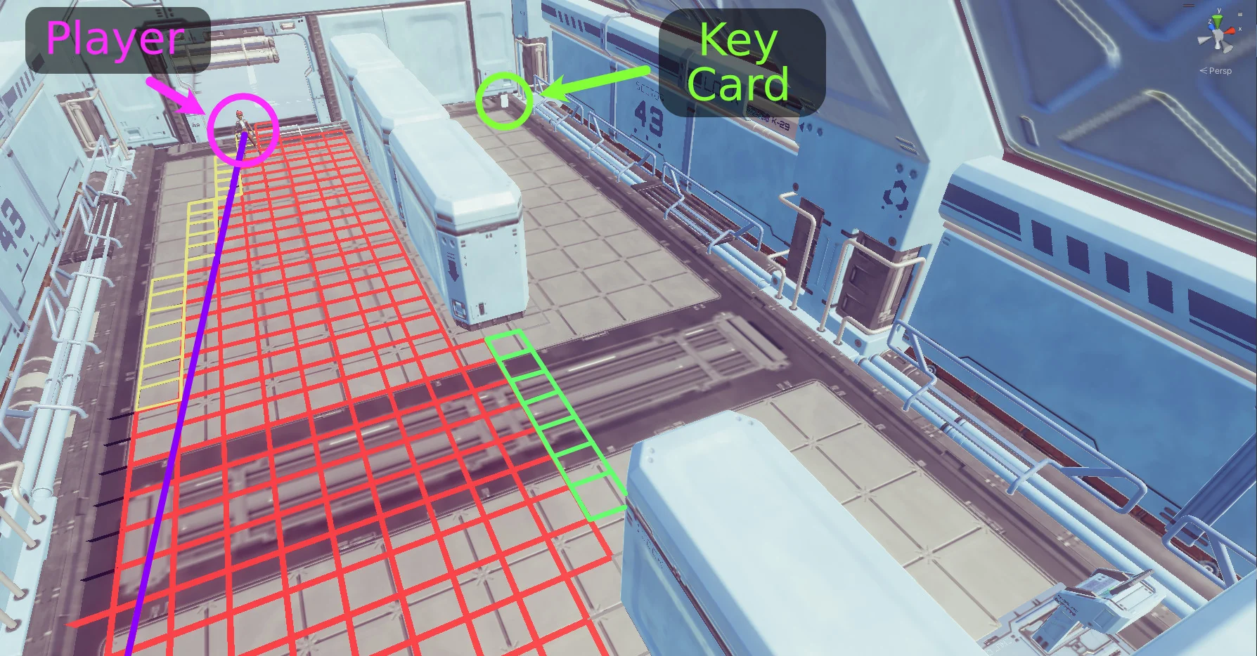 Interior view of a medium-sized room with several large crates side-by-side. There is an opening between two of the crates, and an open doorway is at the far end of the room. The player is in front of this open doorway. There are red, yellow, and green boxes drawn on the ground, and a purple line extending from the player.