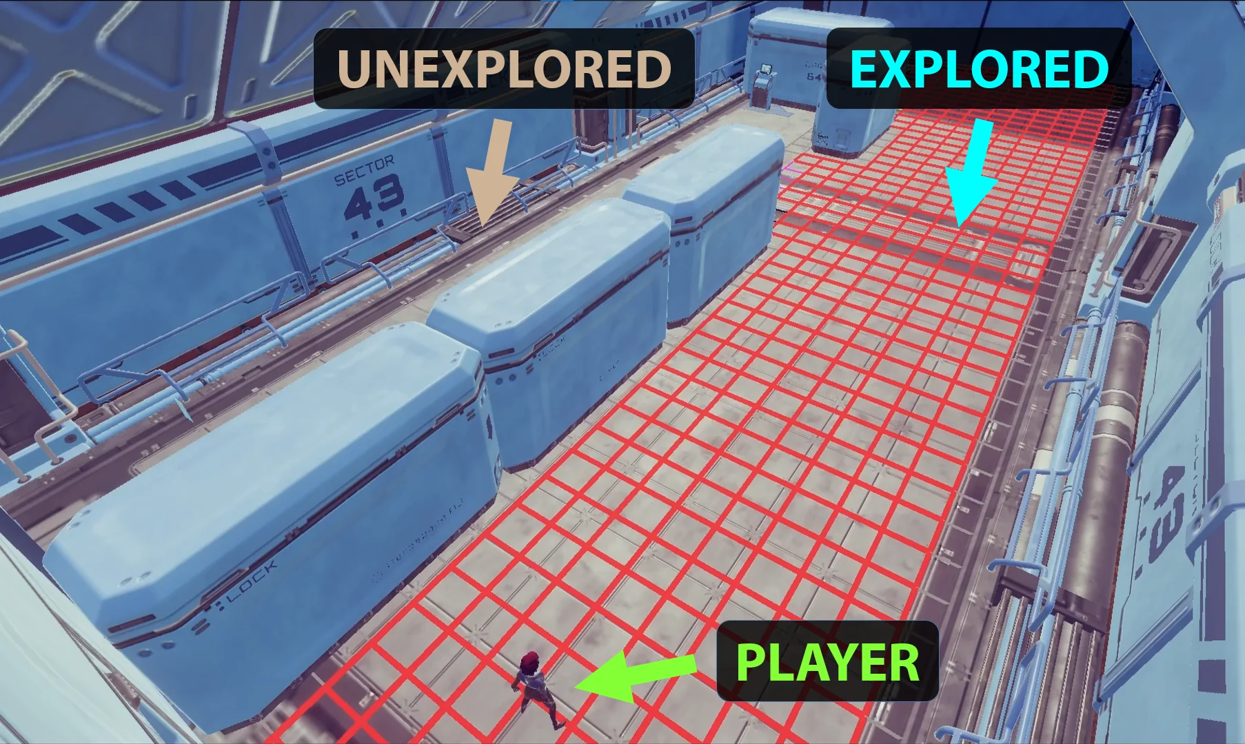 An in-game view of a medium-sized room with grid cells overlaid on the floor in areas within the player's line-of-sight.